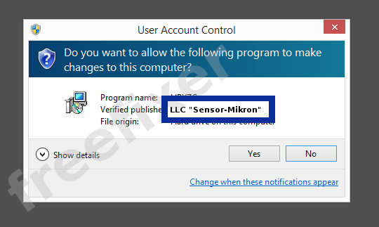 Screenshot where LLC "Sensor-Mikron" appears as the verified publisher in the UAC dialog